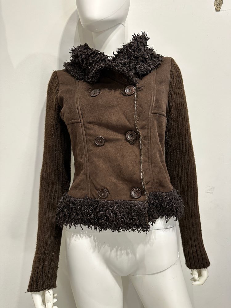 Brown Jacket With Knit Sleeves And Faux Fur Trim